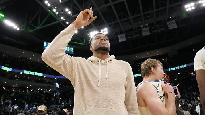 Apr 10, 2026; Milwaukee, Wisconsin, USA; Milwaukee Bucks forward Giannis Antetokounmpo (34) gestures following the game against the Brooklyn Nets at Fiserv Forum. Mandatory Credit: Jeff Hanisch-Imagn Images Apr 10, 2026; Milwaukee, Wisconsin, USA; Milwaukee Bucks forward Giannis Antetokounmpo (34) gestures following the game against the Brooklyn Nets at Fiserv Forum. Mandatory Credit: Jeff Hanisch-Imagn Images