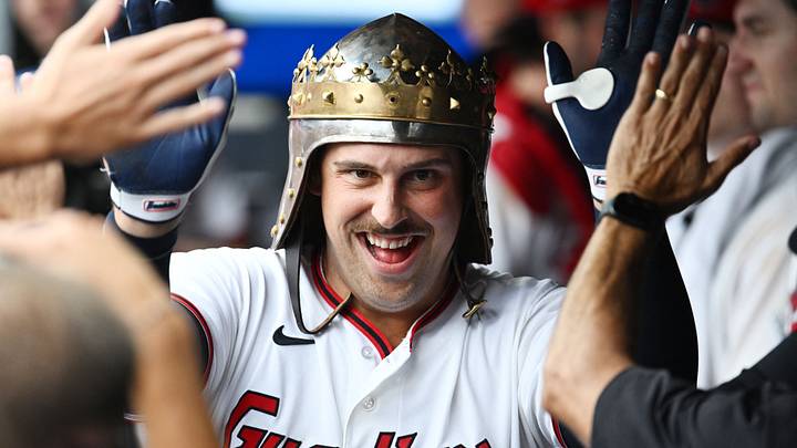 Aug 30, 2026; Cleveland, Ohio, USA; Cleveland Guardians first baseman Nathaniel Lowe (46) celebrates after hitting a two-run home run during the first inning against the Kansas City Royals at Progressive Field. Mandatory Credit: Ken Blaze-Imagn Images