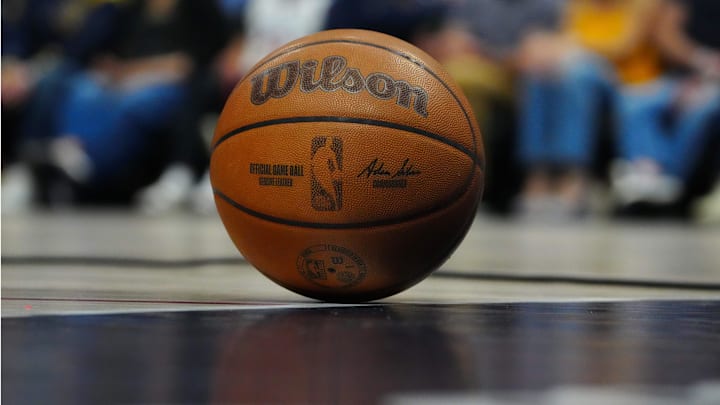 May 19, 2024; Denver, Colorado, USA; Detailed view of the Wilson game basketball during a timeout in the first half between the Minnesota Timberwolves against the Denver Nuggets in game seven of the second round for the 2024 NBA playoffs at Ball Arena.