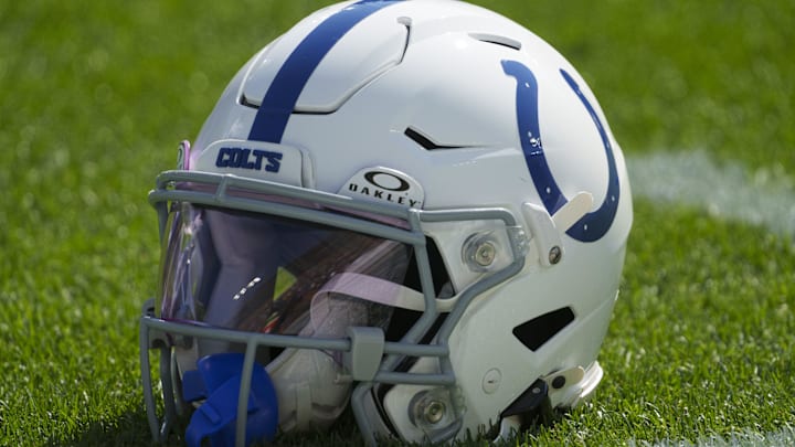 Sep 15, 2024; Green Bay, Wisconsin, USA; General view of an Indianapolis Colts helmet during warmups prior to the game against the Green Bay Packers at Lambeau Field. Mandatory Credit: Jeff Hanisch-Imagn Images Sep 15, 2024; Green Bay, Wisconsin, USA; General view of an Indianapolis Colts helmet during warmups prior to the game against the Green Bay Packers at Lambeau Field. Mandatory Credit: Jeff Hanisch-Imagn Images