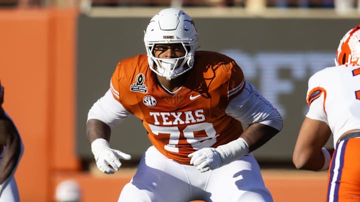Dec 21, 2024; Austin, Texas, USA; Texas Longhorns offensive lineman Kelvin Banks Jr. (78) against the Clemson Tigers during the CFP National playoff first round at Darrell K Royal-Texas Memorial Stadium. Mandatory Credit: Mark J. Rebilas-Imagn Images