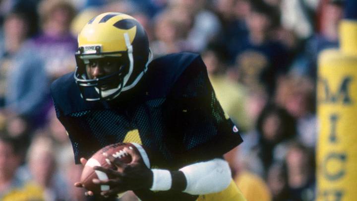 Sep 1982; Ann Arbor, MI, USA; FILE PHOTO; Michigan Wolverines receiver Anthony Carter returns a kick-off during the 1982 season at Michigan Stadium. Mandatory Credit: Malcolm Emmons-USA TODAY Sports