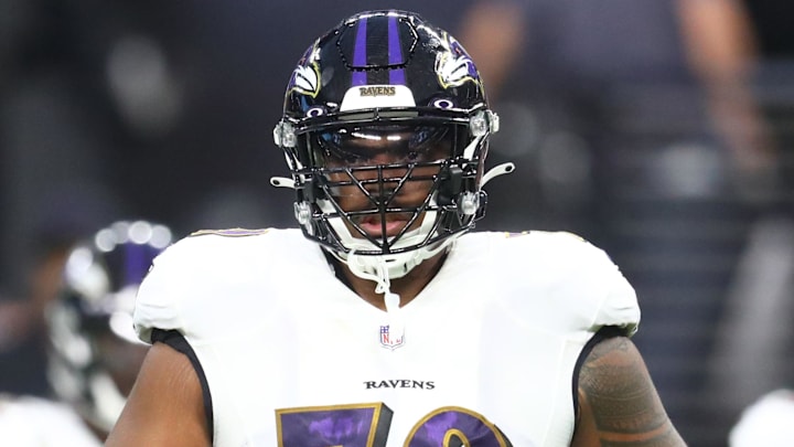 Sep 13, 2021; Paradise, Nevada, USA; Baltimore Ravens offensive tackle Ronnie Stanley (79) against the Las Vegas Raiders during Monday Night Football at Allegiant Stadium. Mandatory Credit: Mark J. Rebilas-Imagn Images