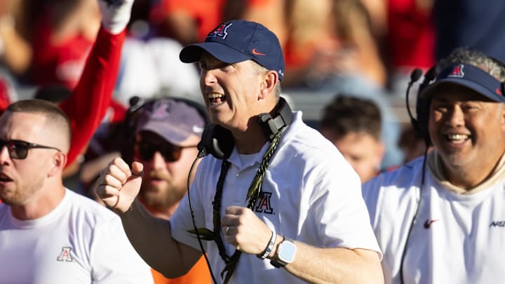 Nov 30, 2024; Tucson, Arizona, USA; Arizona Wildcats head coach Brent Brennan against the Arizona State Sun Devils during the Territorial Cup at Arizona Stadium. Mandatory Credit: Mark J. Rebilas-Imagn Images