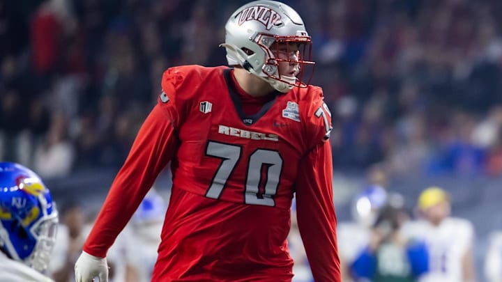 UNLV Rebels offensive lineman Tiger Shanks (70) against the Kansas Jayhawks in the Guaranteed Rate Bowl at Chase Field. Mandatory Credit: Mark J. Rebilas-USA TODAY Sports UNLV Rebels offensive lineman Tiger Shanks (70) against the Kansas Jayhawks in the Guaranteed Rate Bowl at Chase Field. Mandatory Credit: Mark J. Rebilas-USA TODAY Sports