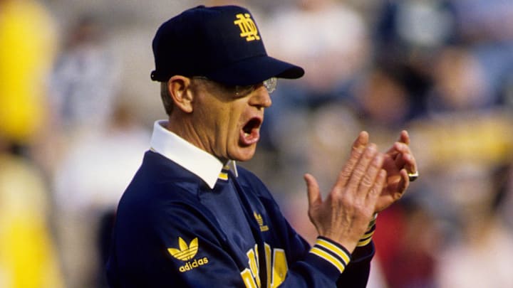 Oct 28, 1989; South Bend, IN, USA; FILE PHOTO; Notre Dame Fighting Irish head coach Lou Holtz before the start of the game against the Pittsburgh Panthers at Notre Dame Stadium.