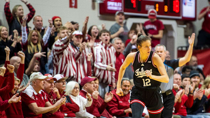 Indiana's Yarden Garzon (12) heads back up court after making a three-pointer during the Indiana versus UCLA women's game at Simon Skjodt Assembly Hall on Saturday, Jan. 4, 2025.