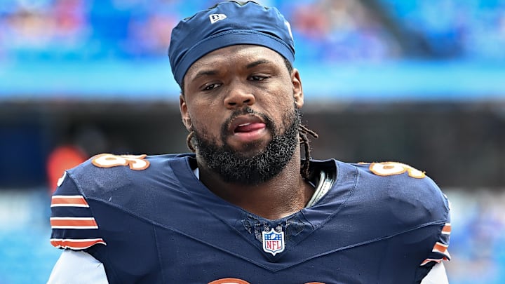 Chicago Bears defensive tackle Zacch Pickens (96) warms up before a preseason game against the Buffalo Bills at Highmark Stadium.