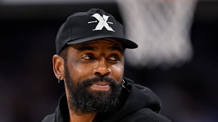 Oct 6, 2025; Fort Worth, Texas, USA; Dallas Mavericks guard Kyrie Irving (11) looks on during the game between the Dallas Mavericks and the Oklahoma City Thunder at Dickie's Arena. Mandatory Credit: Jerome Miron-Imagn Images