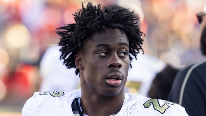 Oct 19, 2024; Tucson, Arizona, USA; Colorado Buffalos running back Isaiah Augustave (23) against the Arizona Wildcats at Arizona Stadium. Mandatory Credit: Mark J. Rebilas-Imagn Images