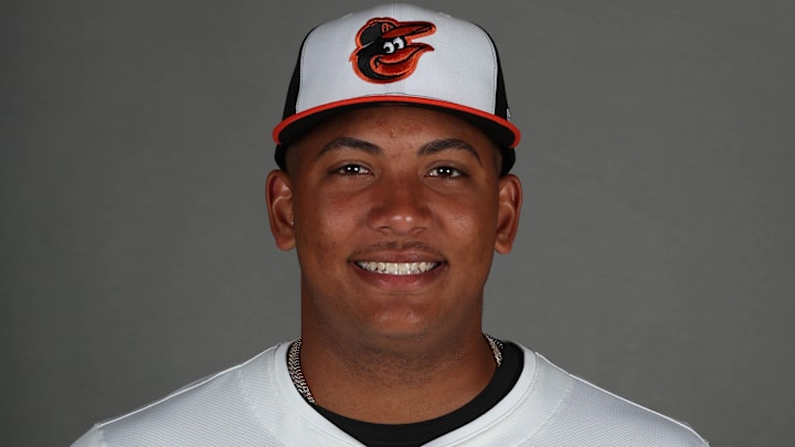Feb 19, 2025; Sarasota, FL, USA; Baltimore Orioles catcher Samuel Basallo (72) poses for photo during media day at Ed Smith Stadium.