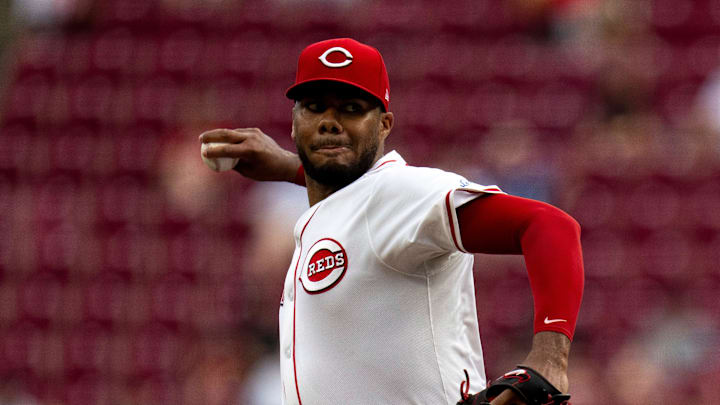 Cincinnati Reds starting pitcher Hunter Greene (21) delivers a pitch in the first inning of the MLB game between the Cincinnati Reds and the St. Louis Cardinals at Great American Ball Park in Cincinnati on Tuesday, Aug. 13, 2024.