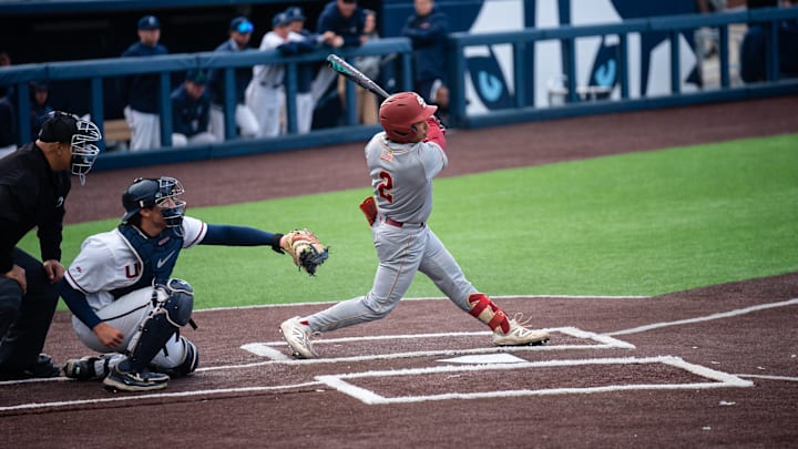 Boston College infielder Adam Magpoc swings away against UConn. 
