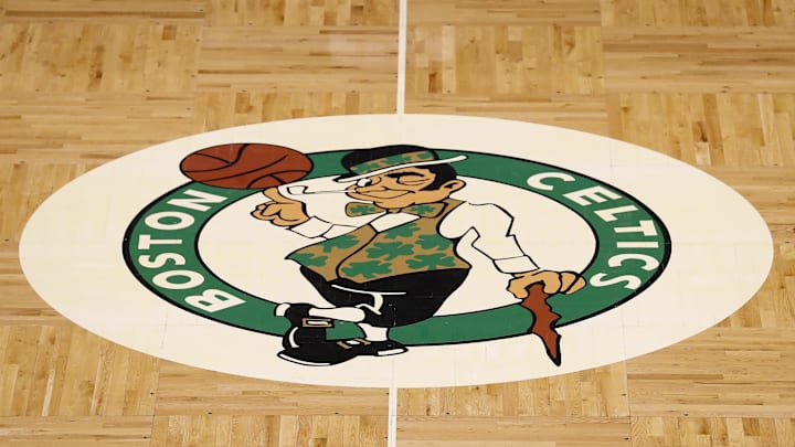 Jan 25, 2022; Boston, Massachusetts, USA; The Boston Celtics logo is seen on the parquet floor before the game between the Boston Celtics and the Sacramento Kings at TD Garden.