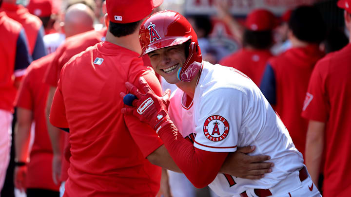 Oct 2, 2022; Anaheim, California, USA;  Los Angeles Angels catcher Logan O'Hoppe (14) is greeted in