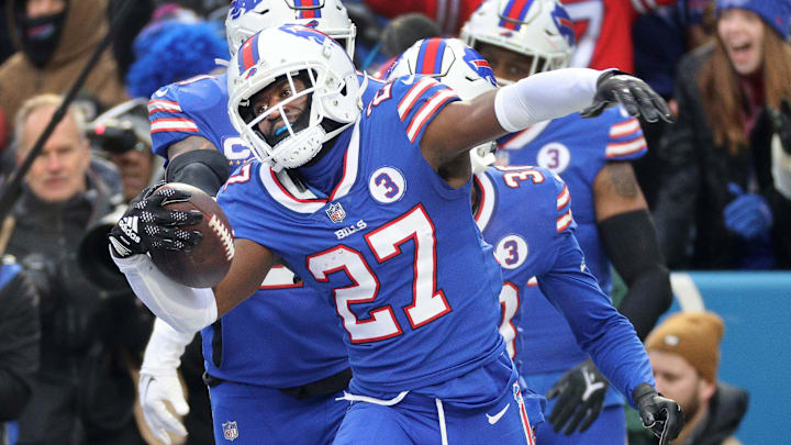 Bills cornerback Tre'Davious White celebrates his interception in the end zone against the Patriots.