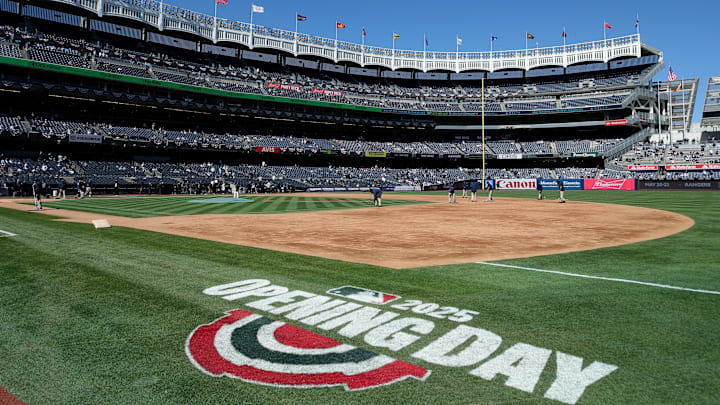 Mar 27, 2025; Bronx, New York, USA; General view of Yankee Stadium as the grounds crew prepares the field before an opening day game between the New York Yankees and the Milwaukee Brewers. Mandatory Credit: Brad Penner-Imagn Images