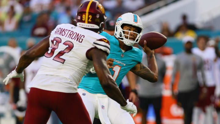 Miami Dolphins quarterback Tua Tagovailoa (1) passes the football against the Washington Commanders during the first quarter of a preseason game at Hard Rock Stadium on Saturday. Miami Dolphins quarterback Tua Tagovailoa (1) passes the football against the Washington Commanders during the first quarter of a preseason game at Hard Rock Stadium on Saturday.