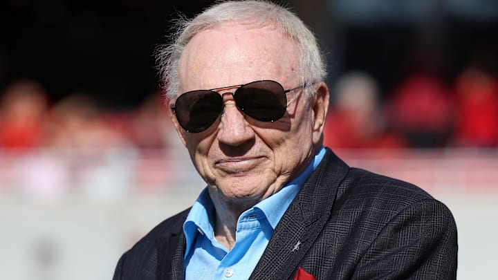 Dallas Cowboys owner and member of the 1964 Arkansas Razorbacks National Championship team, Jerry Jones, looks on at Donald W. Reynolds Razorback Stadium.