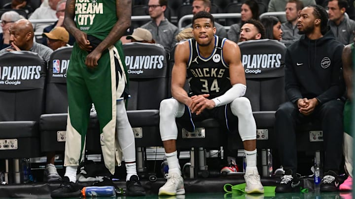 Apr 27, 2025; Milwaukee, Wisconsin, USA; Milwaukee Bucks forward Giannis Antetokounmpo (34) looks on in the final seconds of the game against the Indiana Pacers during game four of first round for the 2024 NBA Playoffs at Fiserv Forum. Mandatory Credit: Benny Sieu-Imagn Images