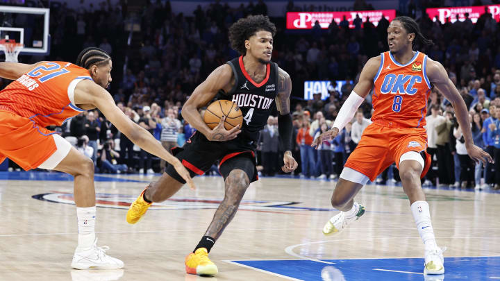 Mar 27, 2024; Oklahoma City, Oklahoma, USA; Houston Rockets guard Jalen Green (4) drives to the