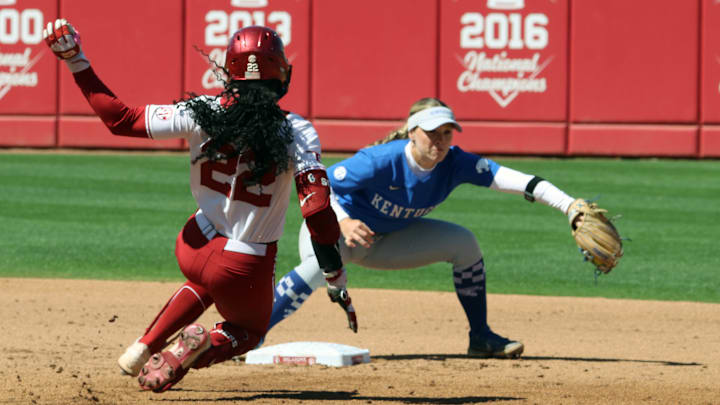Oklahoma outfielder Kai Minor slides into second for a double against Kentucky at Love's Field. Oklahoma outfielder Kai Minor slides into second for a double against Kentucky at Love's Field.