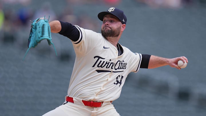 Jun 22, 2025; Minneapolis, Minnesota, USA; Minnesota Twins pitcher Danny Coulombe (54) pitches against the Milwaukee Brewers in the first inning at Target Field. Mandatory Credit: Brad Rempel-Imagn Images