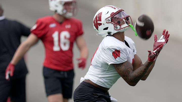 Wisconsin wide receiver Jaylon Domingeaux (9) is shown during football practice Thursday, August 6, 2026 at Camp Randall Stadium in Madison, Wisconsin.