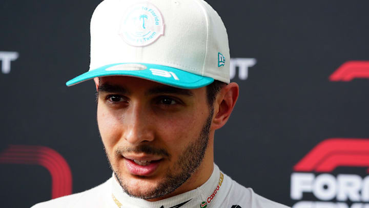 May 3, 2024; Miami Gardens, Florida, USA; Alpine driver Esteban Ocon (31) talks with the media after F1 Sprint Qualifying at Miami International Autodrome. Mandatory Credit: John David Mercer-USA TODAY Sports