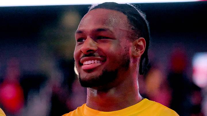 Jul 6, 2024; San Francisco, CA, USA; Los Angeles Lakers guard Bronny James Jr. (9) smiles during the national anthem before the game against the Sacramento Kings. ]at Chase Center. Mandatory Credit: Kelley L Cox-USA TODAY Sports