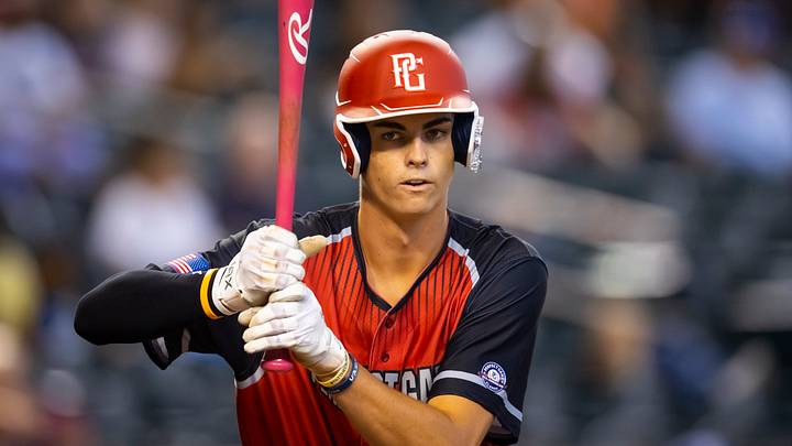 Aug 28, 2022; Phoenix, Arizona, US; West outfielder Will Gasparino (23) during the Perfect Game All-American Classic high school baseball game at Chase Field. Mandatory Credit: Mark J. Rebilas-USA TODAY Sports Aug 28, 2022; Phoenix, Arizona, US; West outfielder Will Gasparino (23) during the Perfect Game All-American Classic high school baseball game at Chase Field. Mandatory Credit: Mark J. Rebilas-USA TODAY Sports