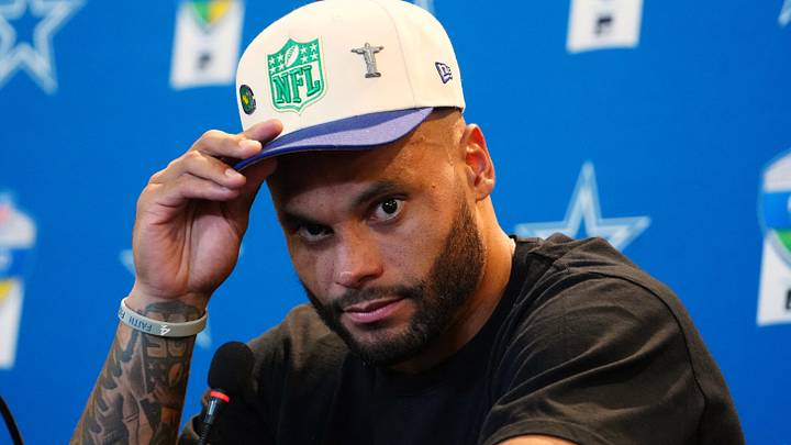Dallas Cowboys quarterback Dak Prescott speaks to the media after the game at Maracana Stadium. Dallas Cowboys quarterback Dak Prescott speaks to the media after the game at Maracana Stadium.