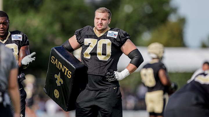 Jul 29, 2022; Metairie, LA, USA; New Orleans Saints offensive tackle Trevor Penning (70) during training camp at Ochsner Sports Performance Center. Mandatory Credit: Stephen Lew-USA TODAY Sports