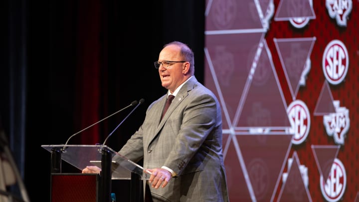 Jul 18, 2024; Dallas, TX, USA; Texas A&M head coach Mike Elko speaking at Omni Dallas Hotel. Mandatory Credit: Brett Patzke-USA TODAY Sports