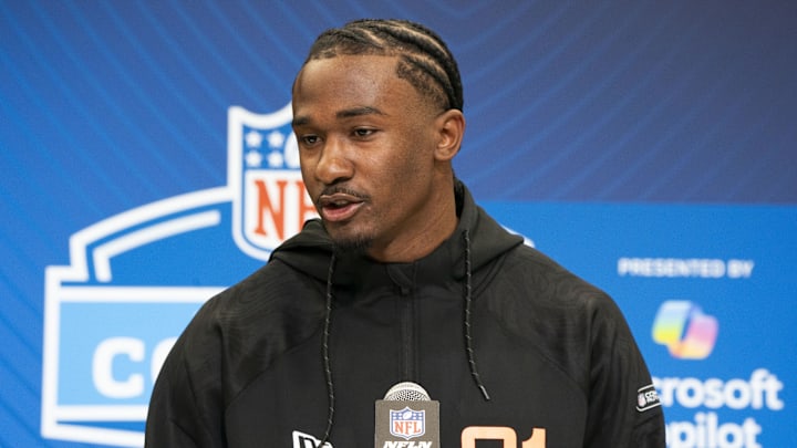 Colorado State wideout Tory Horton answers questions at a press conference during the NFL Combine.