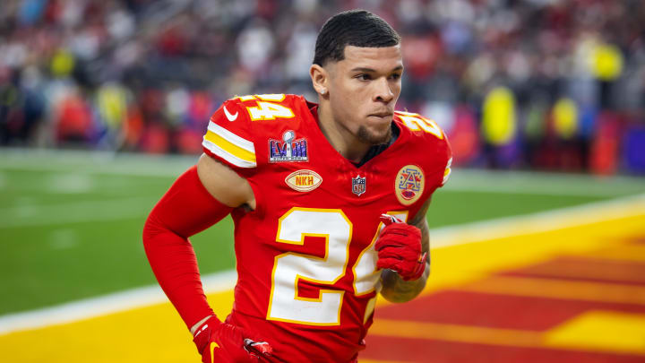 Feb 11, 2024; Paradise, Nevada, USA; Kansas City Chiefs wide receiver Skyy Moore (24) against the San Francisco 49ers in Super Bowl LVIII at Allegiant Stadium. Mandatory Credit: Mark J. Rebilas-USA TODAY Sports