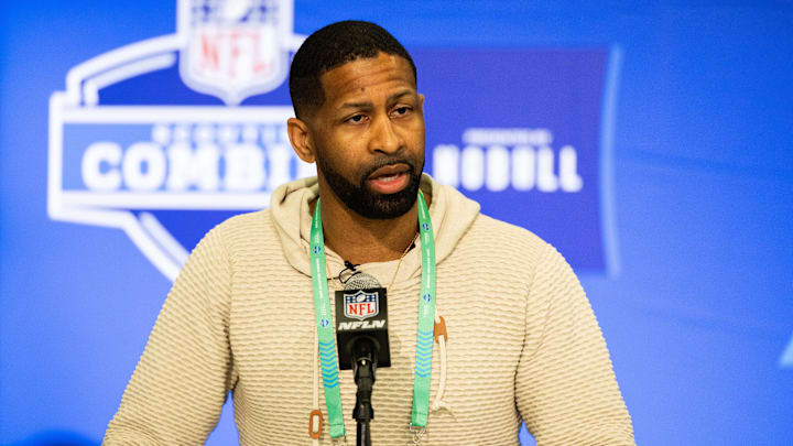 Feb 27, 2024; Indianapolis, IN, USA; Cleveland Browns  Executive Vice President of Football Operations and General Manager Andrew Berry talks to the media at the 2024 NFL Combine at Indiana Convention Center.