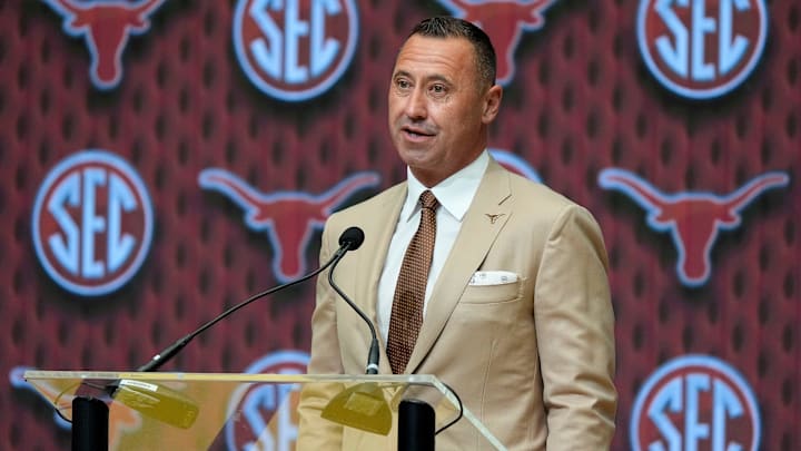 July 15, 2025; Atlanta, GA, USA; Texas head coach Steve Sarkisian speaks during SEC Media Days at the College Football Hall of Fame in Atlanta.