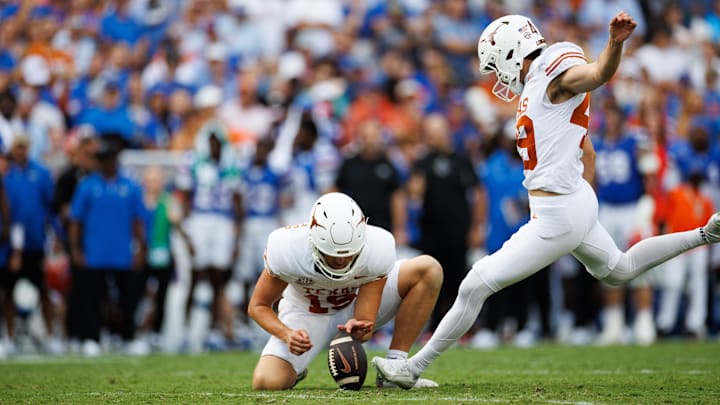 Oct 4, 2025; Gainesville, Florida, USA; Texas Longhorns place kicker Mason Shipley (49) kicks the ball against the Florida Gators during the first half at Ben Hill Griffin Stadium. Mandatory Credit: Matt Pendleton-Imagn Images