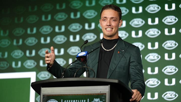 Miami quarterback Carson Beck answers questions from the media during ACC Media Days at Hilton Charlotte Uptown.