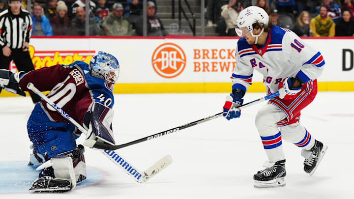 Dec 9, 2022; Denver, Colorado, USA; New York Rangers left wing Artemi Panarin (10) scores on