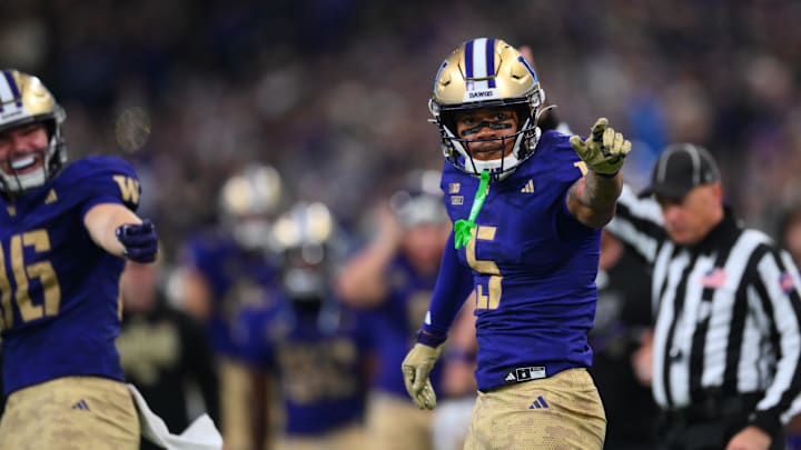Nov 15, 2025; Seattle, Washington, USA; Washington Huskies wide receiver Omari Evans (5) celebrates after catching the ball against the Purdue Boilermakers during the first half at Husky Stadium. Mandatory Credit: Steven Bisig-Imagn Images Nov 15, 2025; Seattle, Washington, USA; Washington Huskies wide receiver Omari Evans (5) celebrates after catching the ball against the Purdue Boilermakers during the first half at Husky Stadium. Mandatory Credit: Steven Bisig-Imagn Images