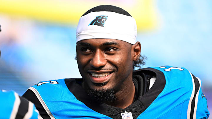 Oct 26, 2025; Charlotte, North Carolina, USA; Carolina Panthers wide receiver Xavier Legette (17) on the field before a game against the Buffalo Bills at Bank of America Stadium. Mandatory Credit: Bob Donnan-Imagn Images Oct 26, 2025; Charlotte, North Carolina, USA; Carolina Panthers wide receiver Xavier Legette (17) on the field before a game against the Buffalo Bills at Bank of America Stadium. Mandatory Credit: Bob Donnan-Imagn Images