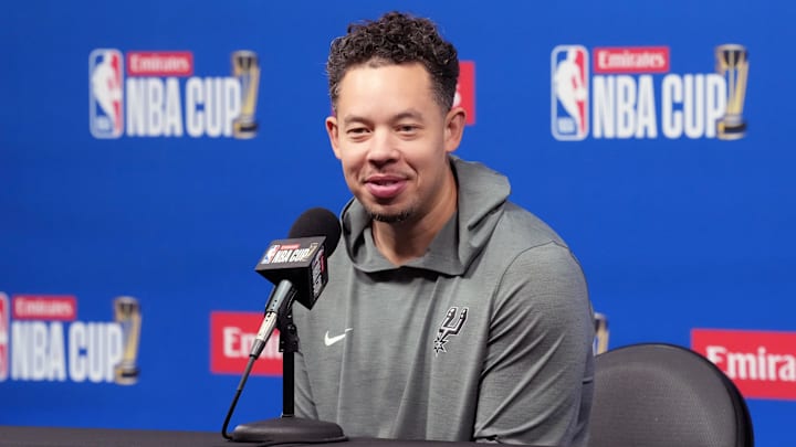 Dec 15, 2025; Las Vegas, NV, USA; San Antonio Spurs head coach Mitch Johnson at press conference prior to the Emirates NBA Cup championship at the T-Mobile Arena. Mandatory Credit: Kirby Lee-Imagn Images