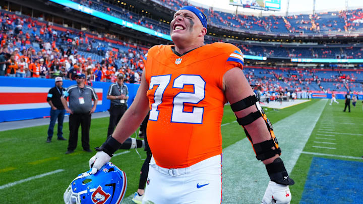 Oct 6, 2024; Denver, Colorado, USA; Denver Broncos offensive tackle Garett Bolles (72) celebrates following the game against the Las Vegas Raiders at Empower Field at Mile High.