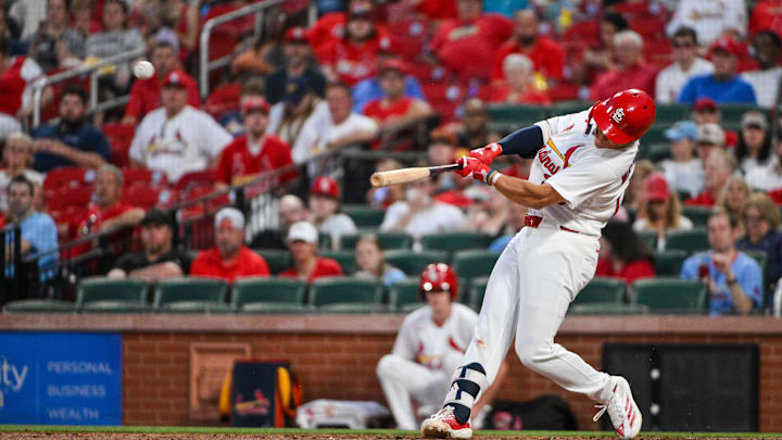 Apr 14, 2026; St. Louis, Missouri, USA; St. Louis Cardinals second baseman JJ Wetherholt (26) hits a solo home run against the Cleveland Guardians during the third inning at Busch Stadium. Mandatory Credit: Jeff Curry-Imagn Images
