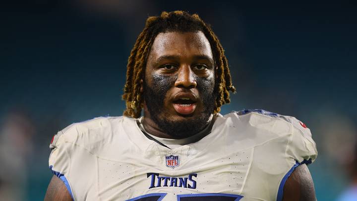 Sep 30, 2024; Miami Gardens, Florida, USA; Tennessee Titans offensive tackle JC Latham (55) looks on after the game against the Miami Dolphins at Hard Rock Stadium. Mandatory Credit: Sam Navarro-Imagn Images Sep 30, 2024; Miami Gardens, Florida, USA; Tennessee Titans offensive tackle JC Latham (55) looks on after the game against the Miami Dolphins at Hard Rock Stadium. Mandatory Credit: Sam Navarro-Imagn Images