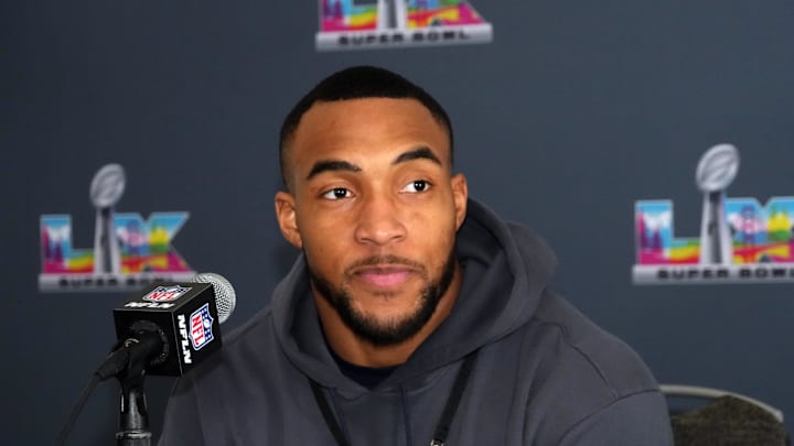 Feb 3, 2026; Santa Clara, CA, USA; New England Patriots running back Treveyon Henderson speaks to the media during Super Bowl LX press conference at Santa Clara Marriott. Mandatory Credit: Kirby Lee-Imagn Images