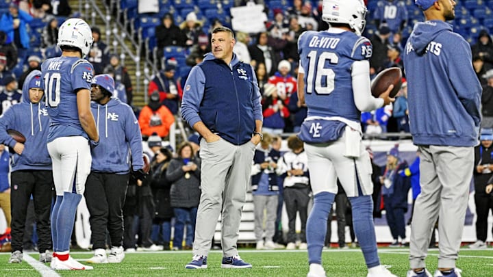 Nov 13, 2025; Foxborough, Massachusetts, USA; New England Patriots head coach Mike Vrabel looks on during warmups before the game against the New York Jets at Gillette Stadium. Mandatory Credit: Eric Canha-Imagn Images