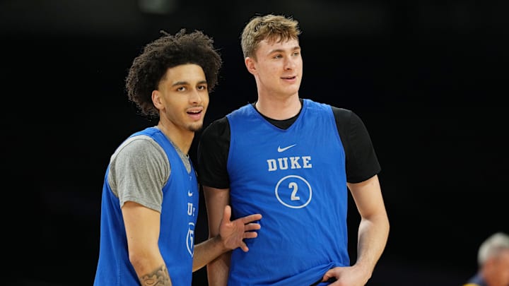 Apr 4, 2025; San Antonio, TX, USA; Duke basketball guard Tyrese Proctor (5) and guard Cooper Flagg (2) during a practice session for the Final Four of the 2025 NCAA tournament at Alamodome.
